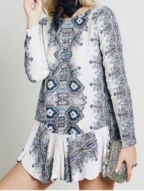 Free People White Paisley Print Long Sleeve Mini Dress